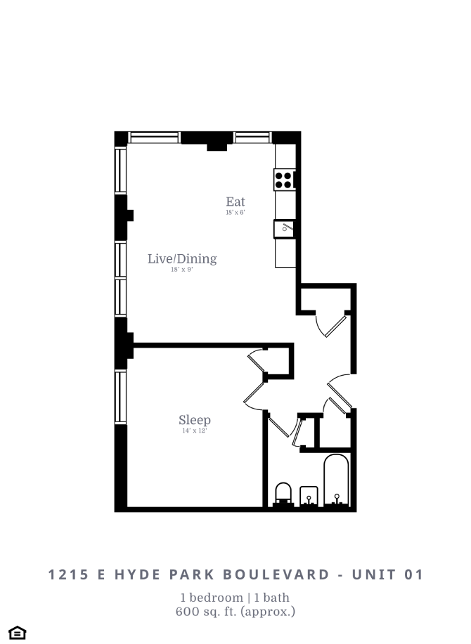 Floor plan for 1 bed, 1 bath, 667 sqft
